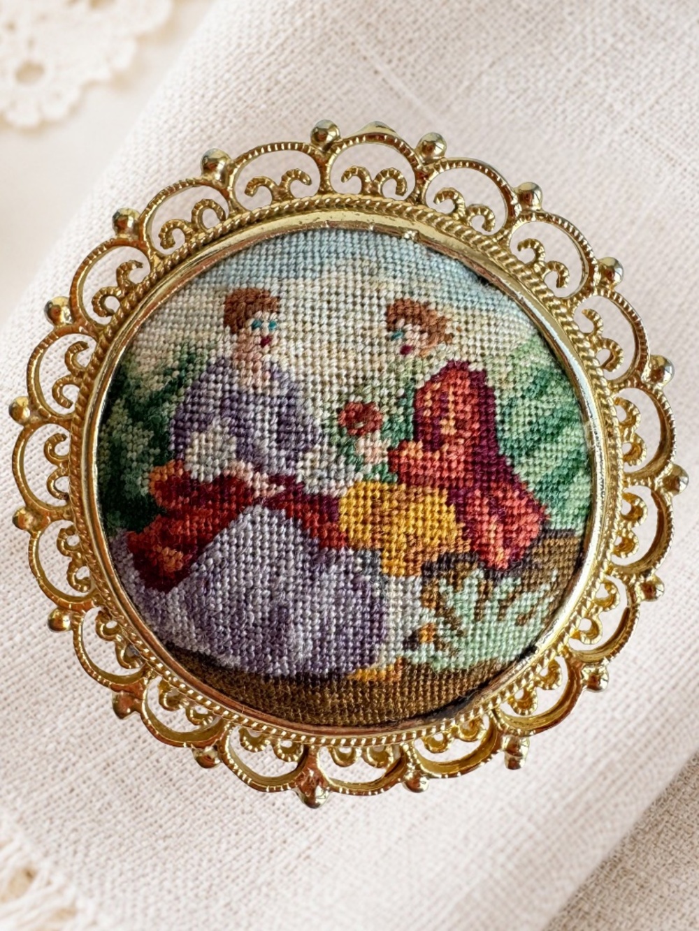 Vintage Austria Petit Point Brooch Rococo Couple Gold Tone Needlepoint Pin 2in
